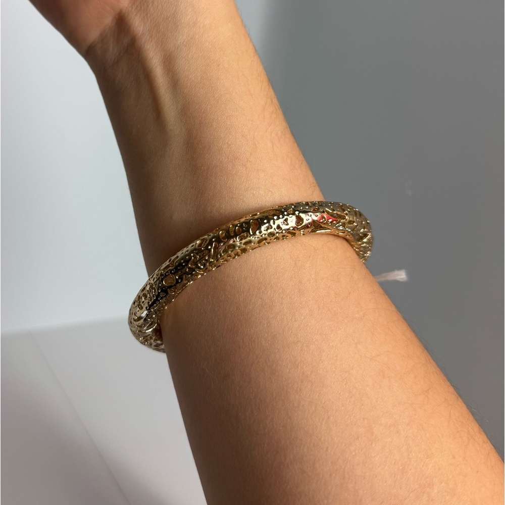 Gold-Tone Bracelet intricate design heavy gold bangle laser cut filigree